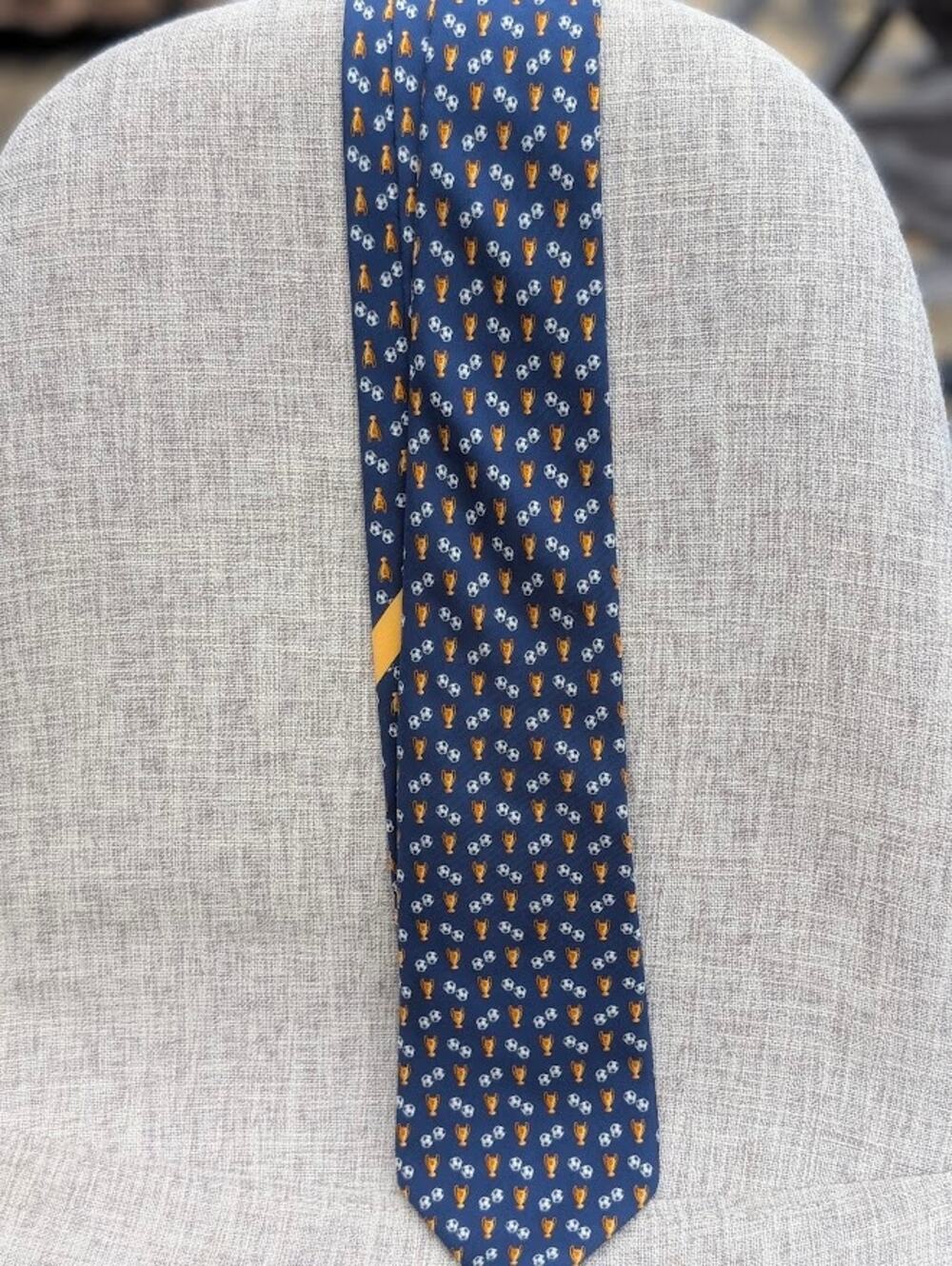Salvatore Ferragamo Neck Tie Navy w/ Soccer Balls & Trophy 100% Silk Italy